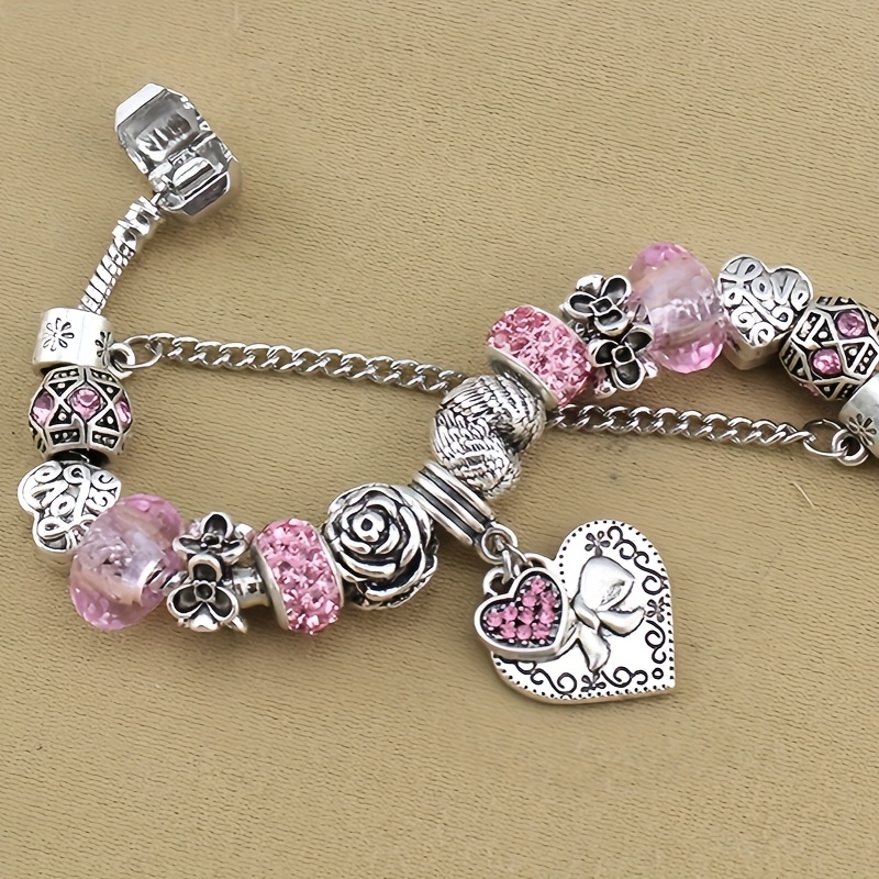 Pink Crystal Heart Pendant Bracelet Titanium Steel Chain